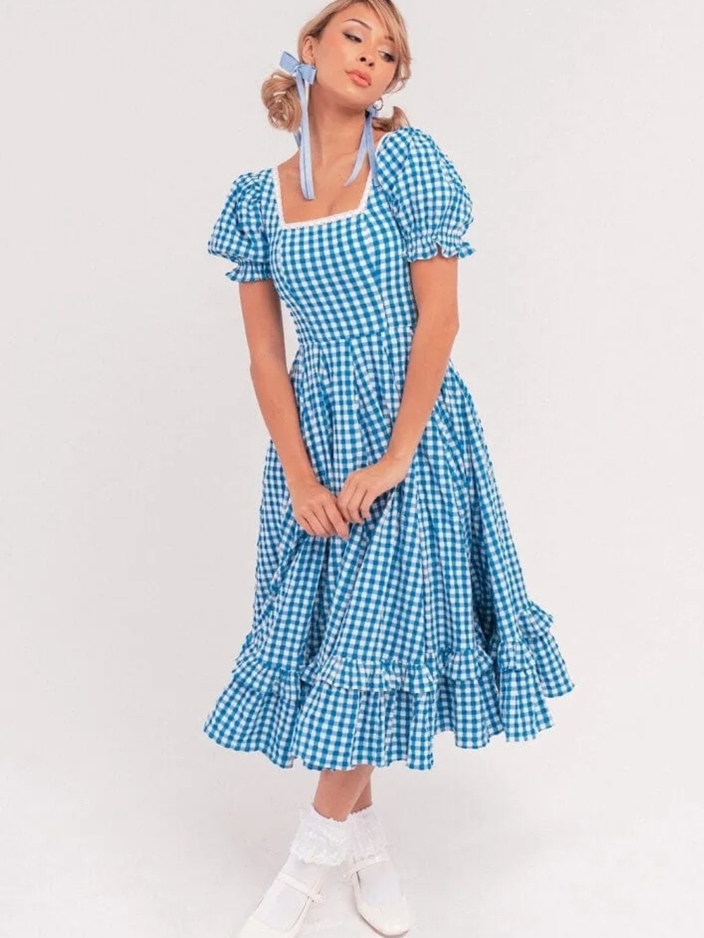 Nwt Dorothy Dress Blue Gingham Square-Neck Midi Dress with Puff Sleeves S